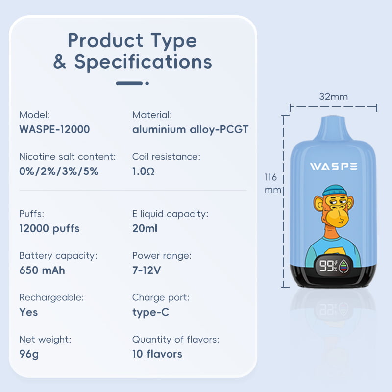 WASPE 12000 PUFFS digitális doboz 0% 2% 3% 5% Nikotin eldobható Vape nagykereskedés - GiveVape - 8