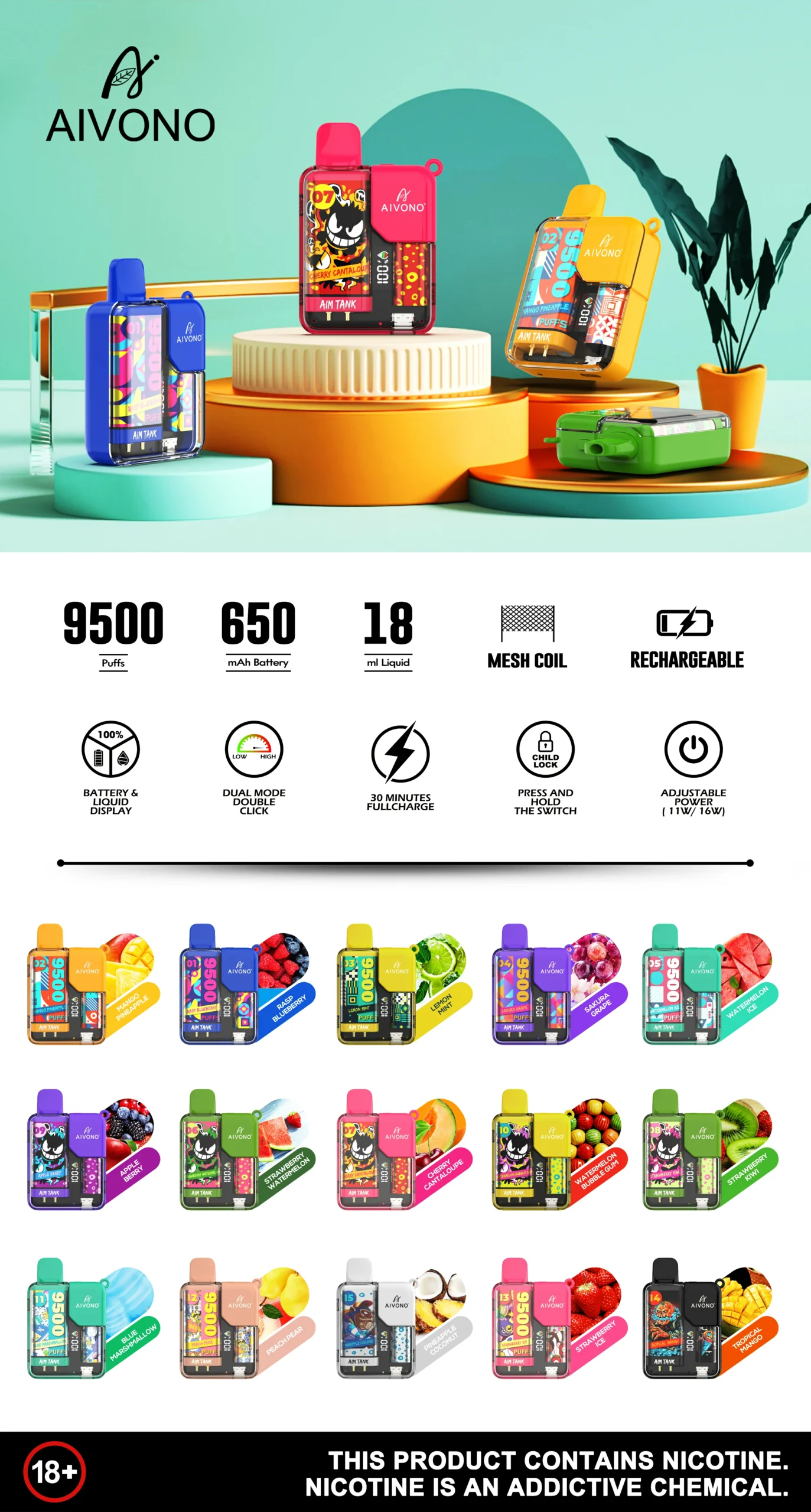 AIVONO AIM TANK 9500 Puffs 0% 2% 3% 5% Acquista all'ingrosso Penna per vaporizzatori usa e getta ricaricabile a basso contenuto di nicotina all'ingrosso