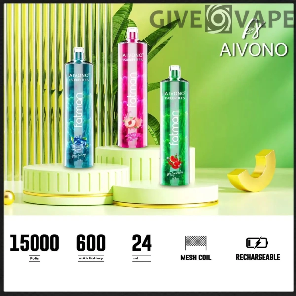 AIVONO FATMAN 15000 Puffs 0% 2% 3% 5% Перезаряжаемые одноразовые ручки для электронных сигарет с низким содержанием никотина. Купить оптом - GiveVape - 1