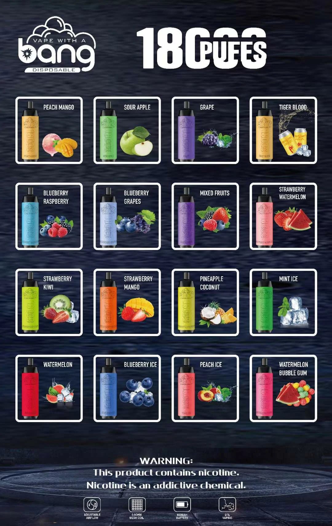Bang Crown Bar 18000 Puffs 0% 2% 3% 5% Faible teneur en nicotine en vrac Acheter des vapes jetables rechargeables en gros