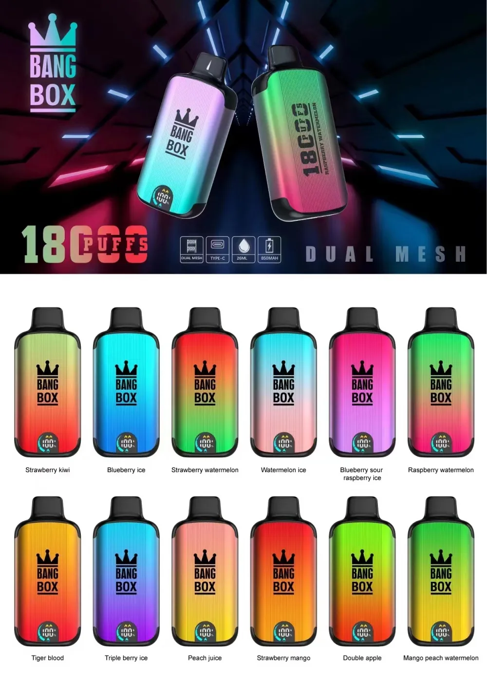 Bang Box 18000 bouffées Écran d'affichage LED 0% 2% 3% 5% Nicotine en vrac Acheter des vapes jetables en gros
