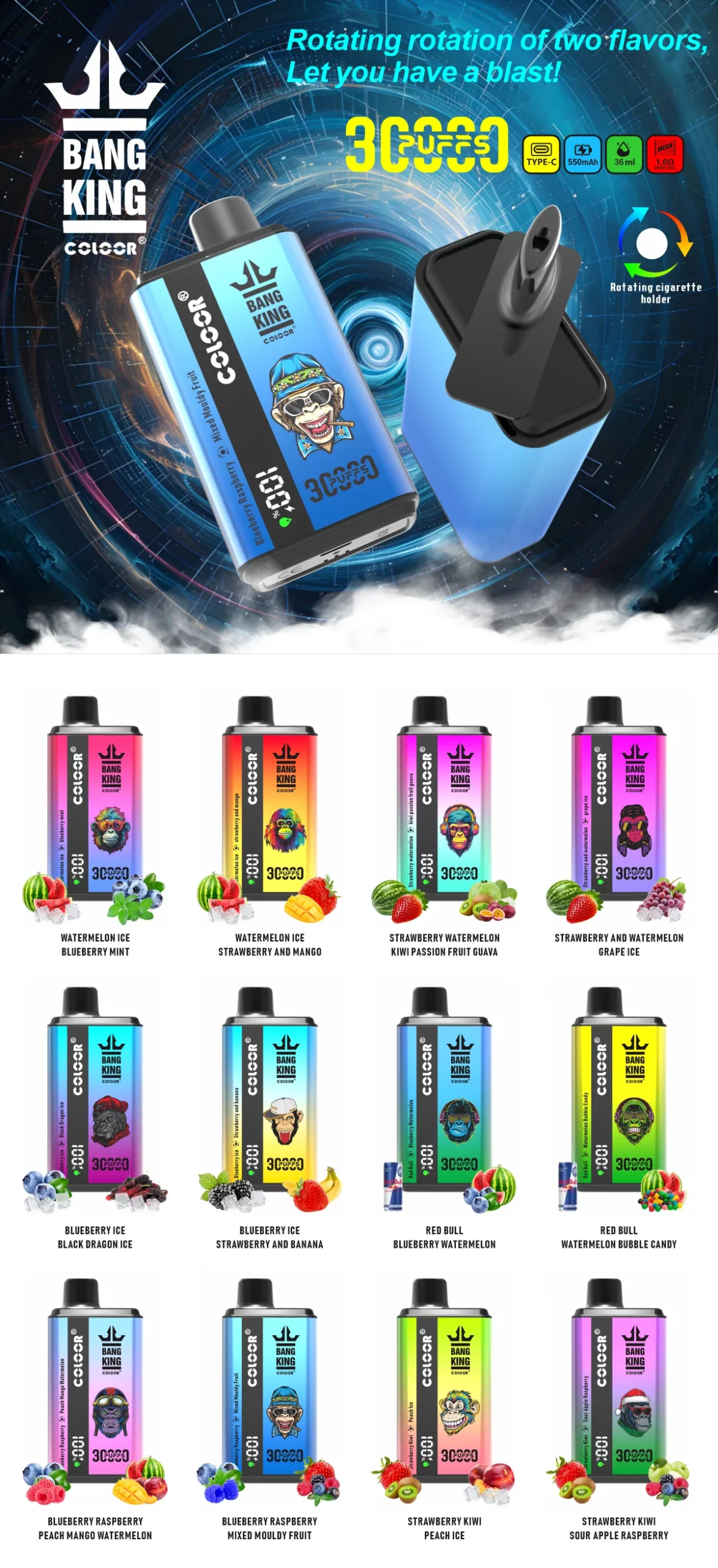 Bang King 30000 Rookwolken Dubbele Smaak 0% 2% 3% 5% Oplaadbare Wegwerp Vapes-pen met laag nicotinegehalte Bulk Koop Groothandel