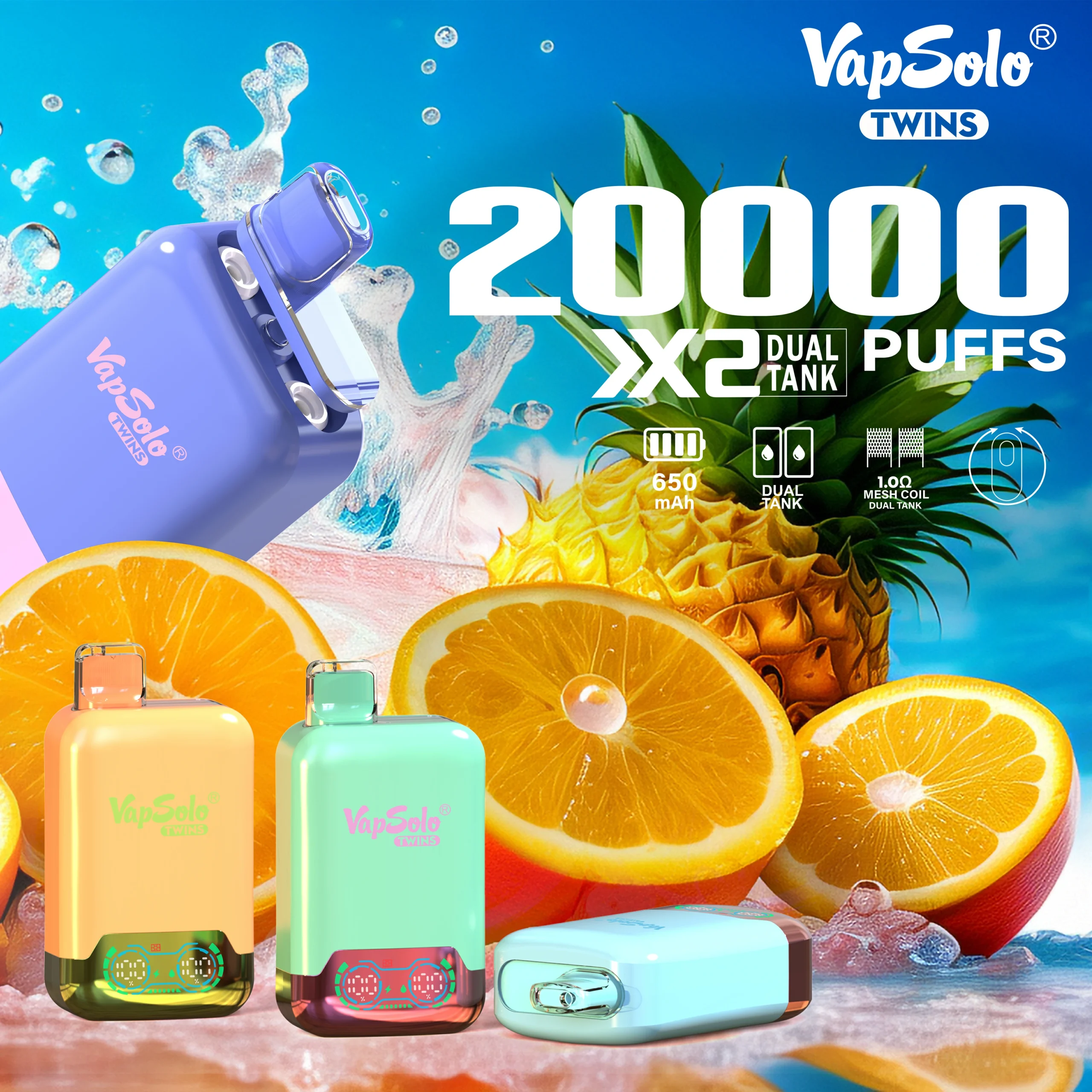 VapSolo Twins 20000 Puffs 2% 5% Baixa Nicotina Recarregável Vapes Canetas Descartáveis ​​Comprar Em Massa