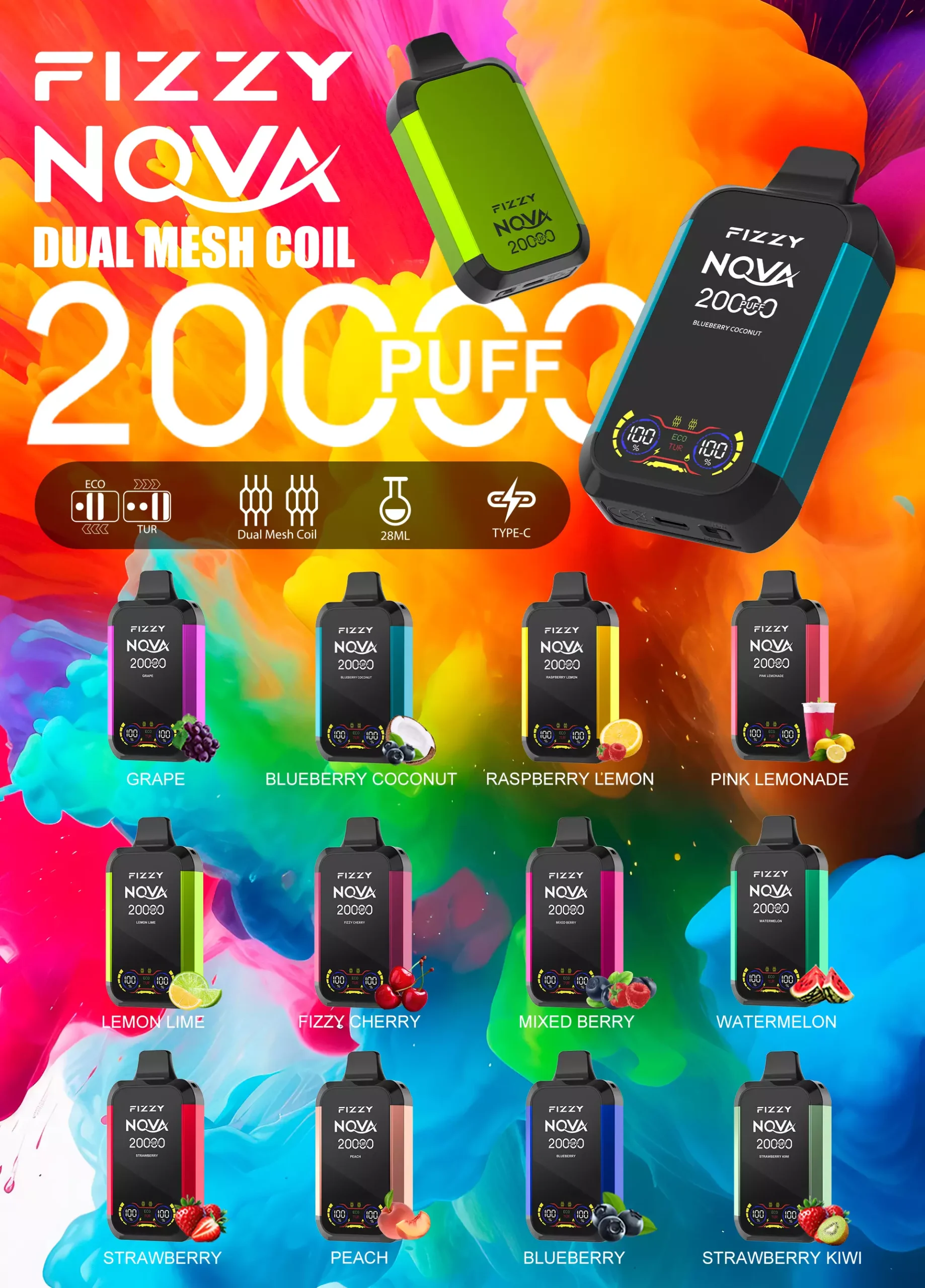 Fizzy Nova 20000 bouffées double maille 2% 5% stylo à vape jetable rechargeable à faible teneur en nicotine en vrac acheter en gros