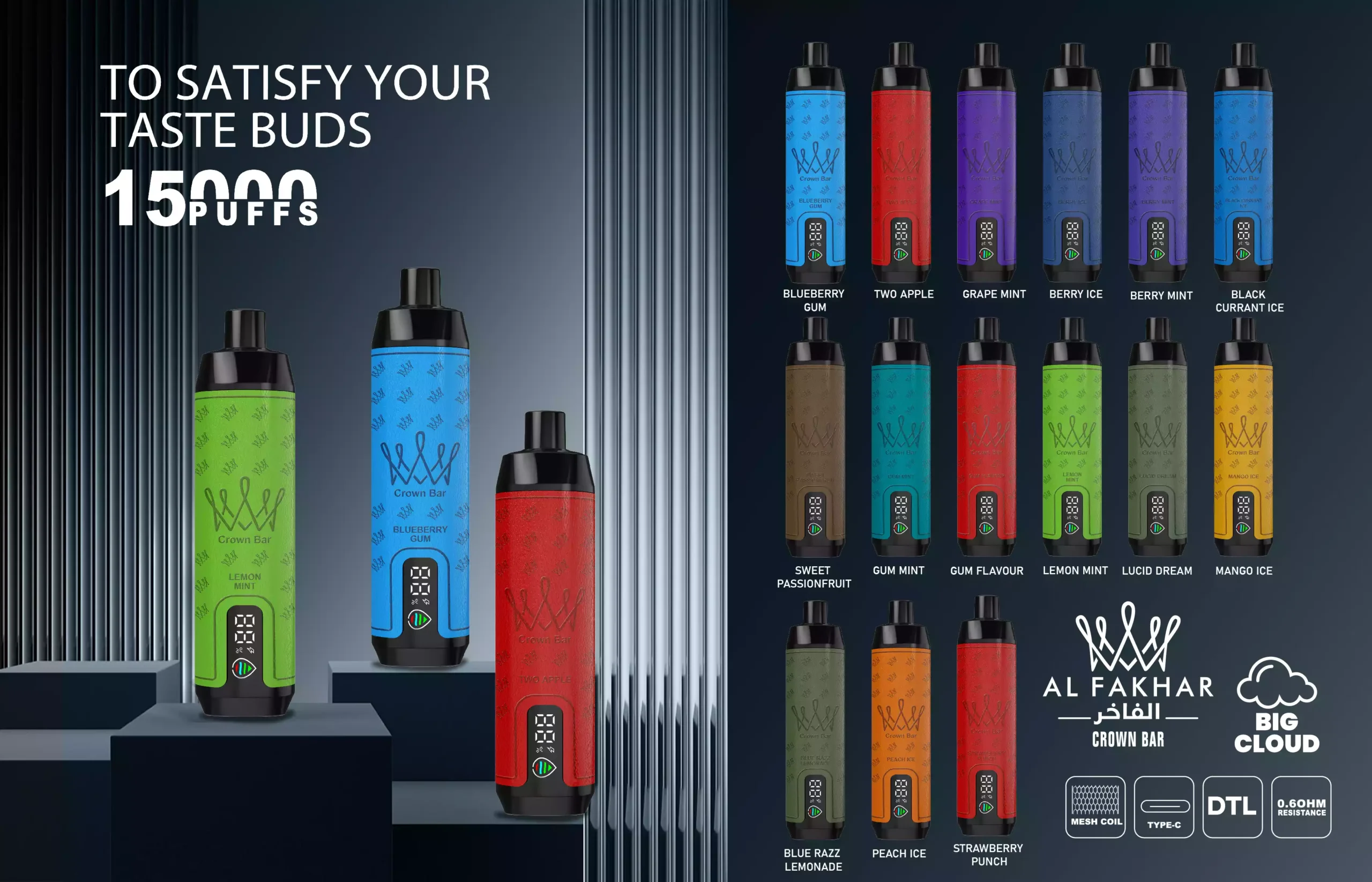Al Fakhar Crown Bar 15000 Puffs DTL LED Display 2% Baixa Nicotina Recarregável Vapes Descartáveis ​​Pen Bulk Comprar Atacado