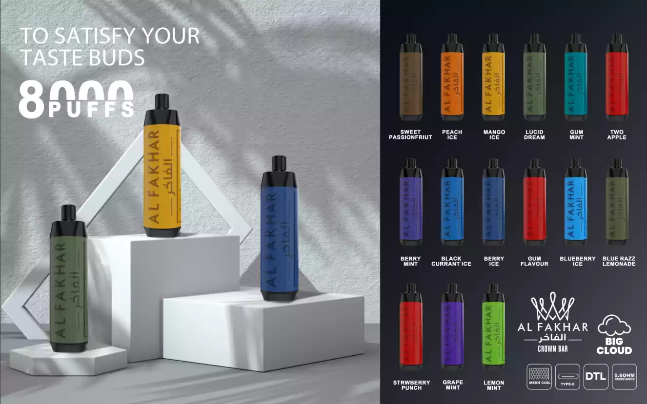 Al Fakhar Crown Bar 8000 Puffs Big Cloud DTL 2% Baixa Nicotina Recarregável Vapes Descartáveis ​​Pen Bulk Comprar Atacado