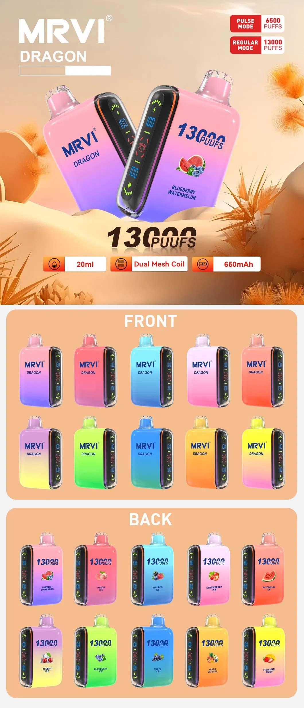 MRVI Dragon 13000 Puffs Tela Digital de Malha Dupla 2% 5% Baixa Nicotina Recarregável Vapes Descartáveis ​​Pen Bulk Comprar Atacado