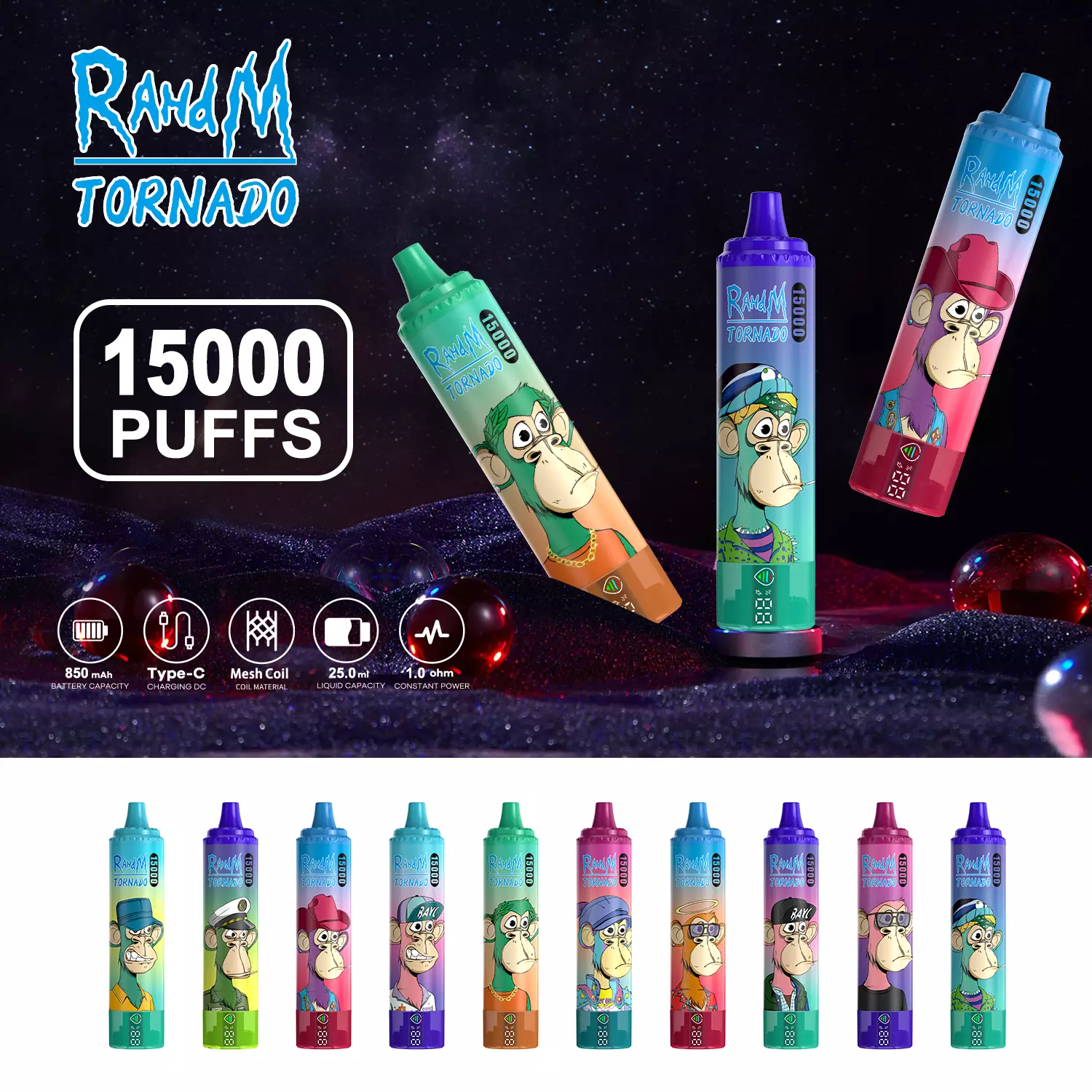 RahdM Tornado 15000 Puffs Светодиодный дисплей 2% Перезаряжаемая одноразовая ручка для электронных сигарет с низким содержанием никотина Купить оптом