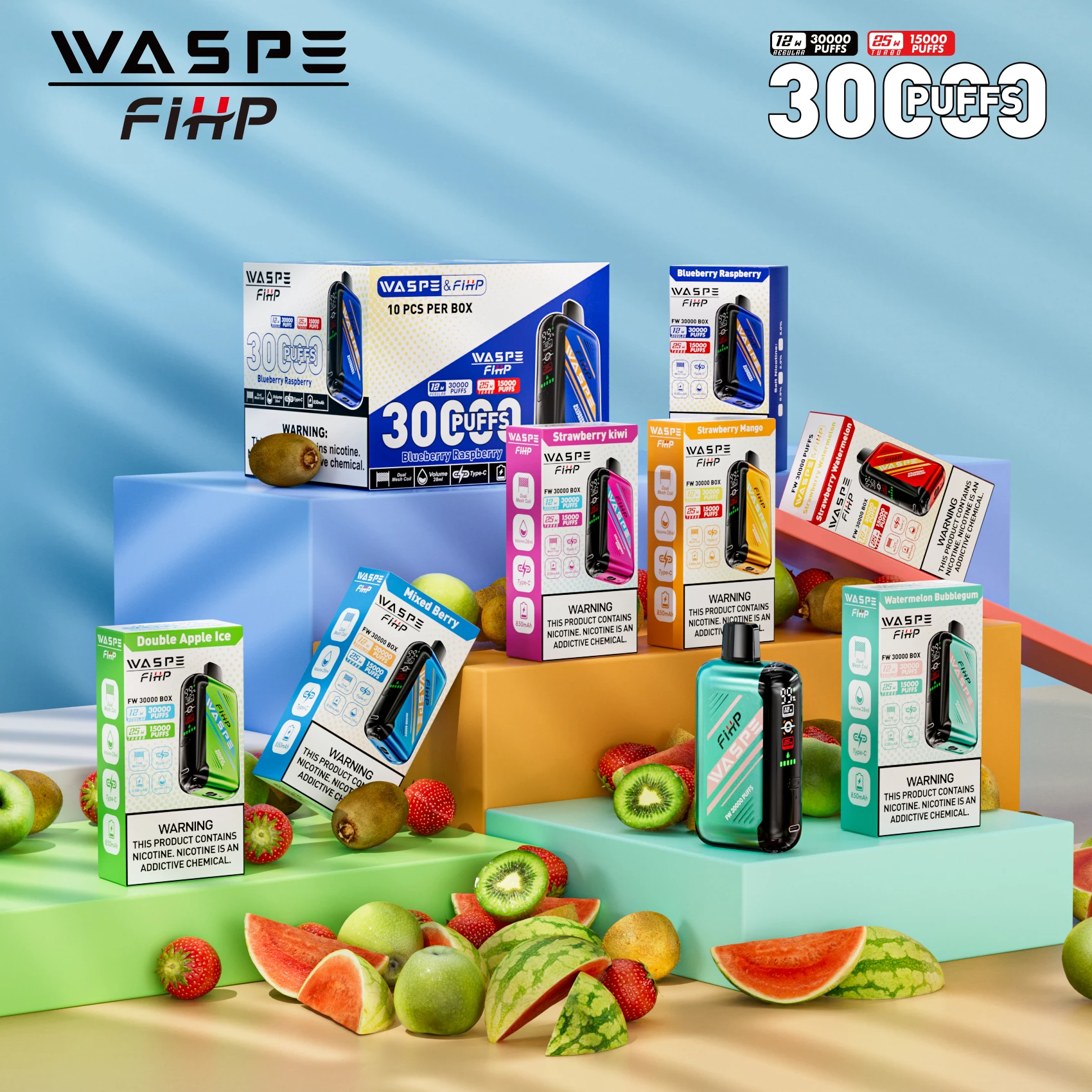 WASPE FIHP 30000 Puffs Dual Mesh 0% 2% 5% LED kijelző Alacsony nikotin tartalmú Újratölthető Eldobható Vapes Pen Tömeges Vásárlás Nagyker