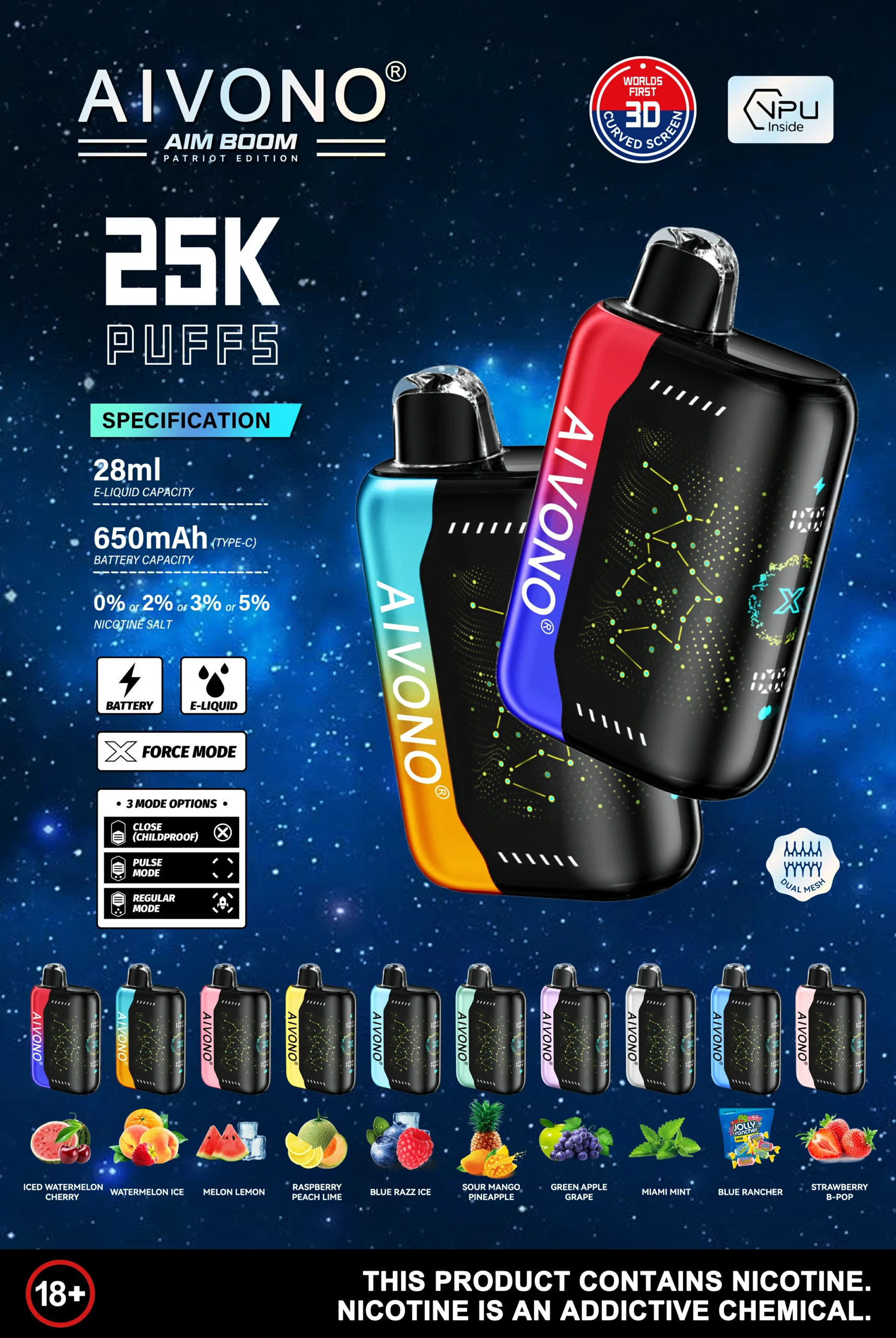 AIVONO AIM BOOM 25000 Puffs Dual Mesh digitális képernyő 0% 2% 3% 5% Alacsony nikotintartalmú újratölthető eldobható Vapes Pen Tömeges vásárlás Nagyker