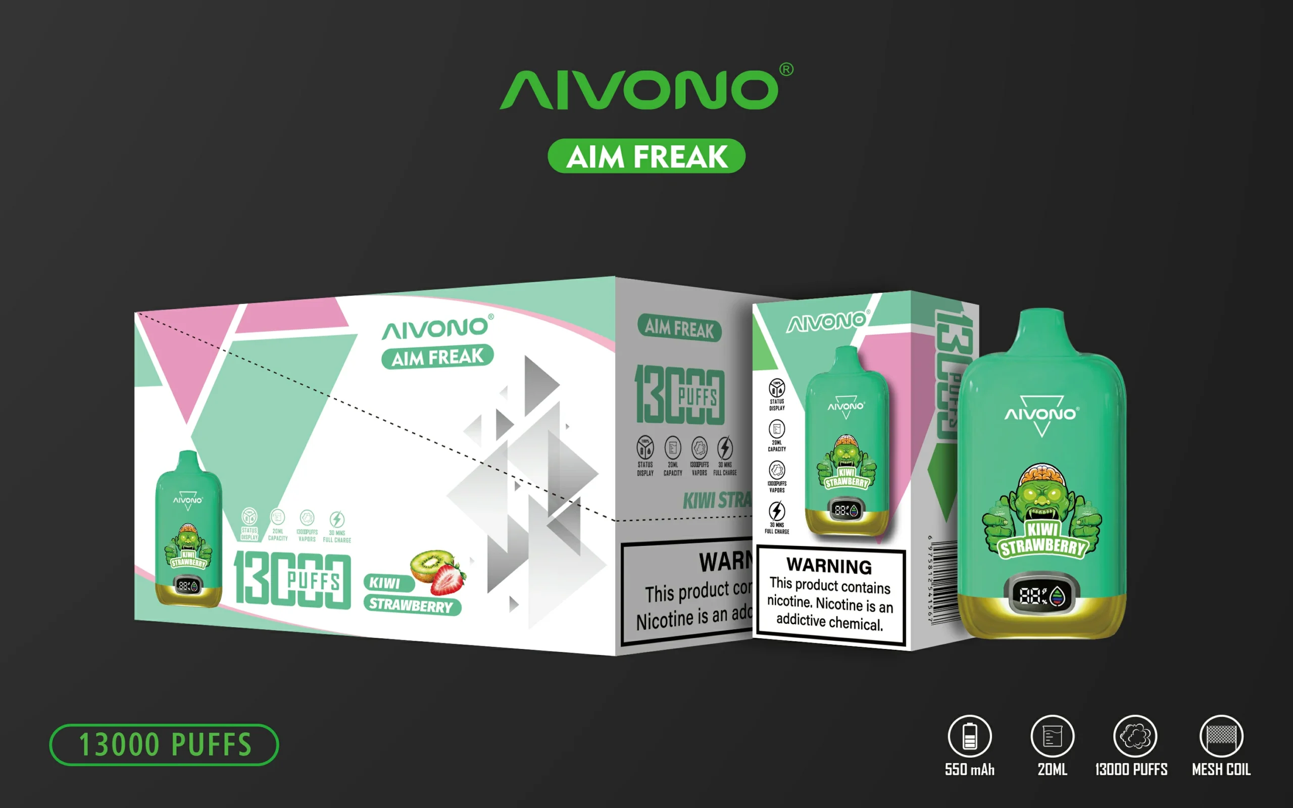 AIVONO AIM FREAK 13000 Puffs Tela Digital 0% 2% 3% 5% Baixa Nicotina Recarregável Vapes Descartáveis ​​Pen Bulk Comprar Atacado