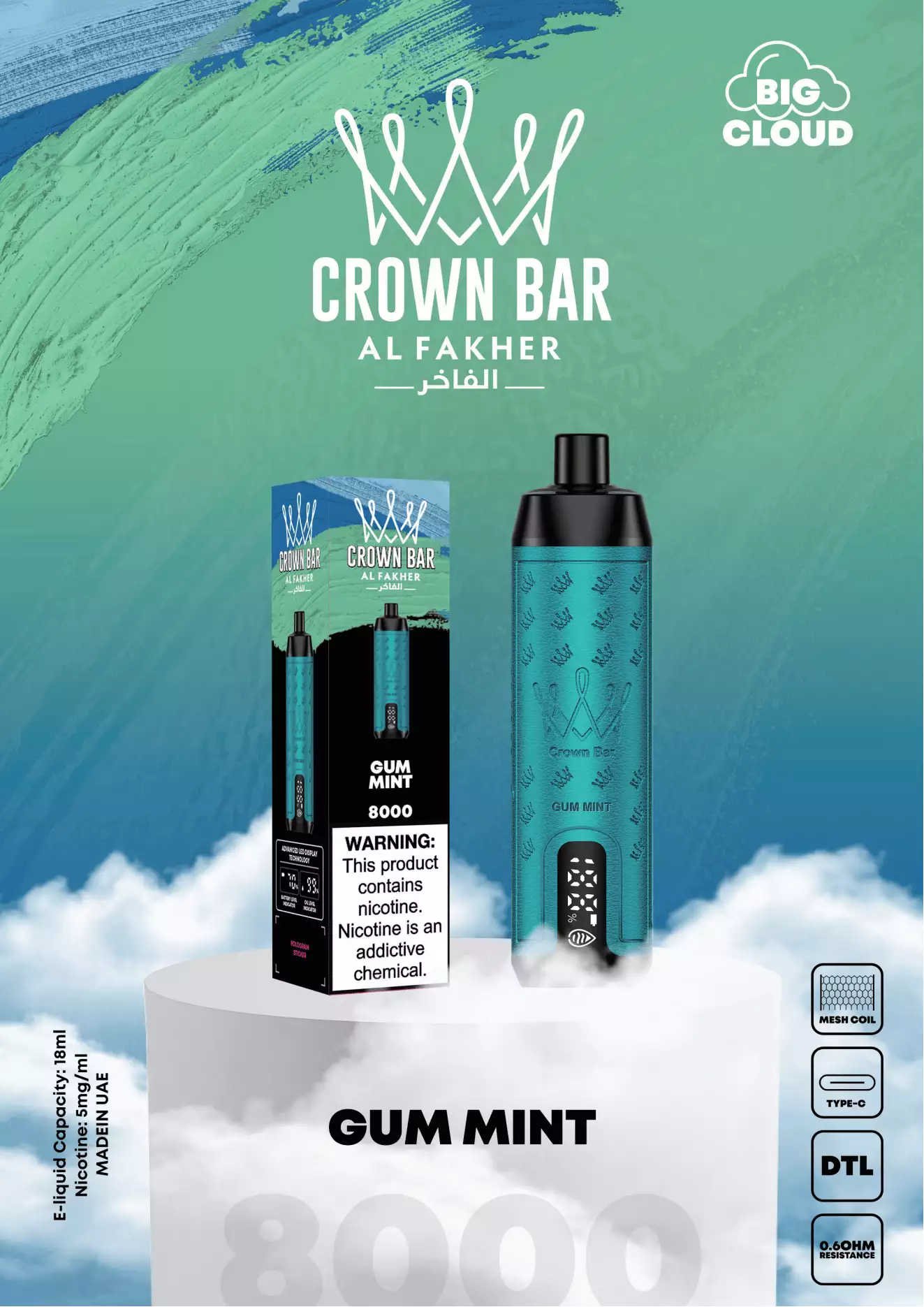 Al Fakher Crown Bar Pro 8000 Puffs LED kijelző Alacsony nikotintartalmú Újratölthető Eldobható Vapes Pen Tömeges Vásárlás Nagyker