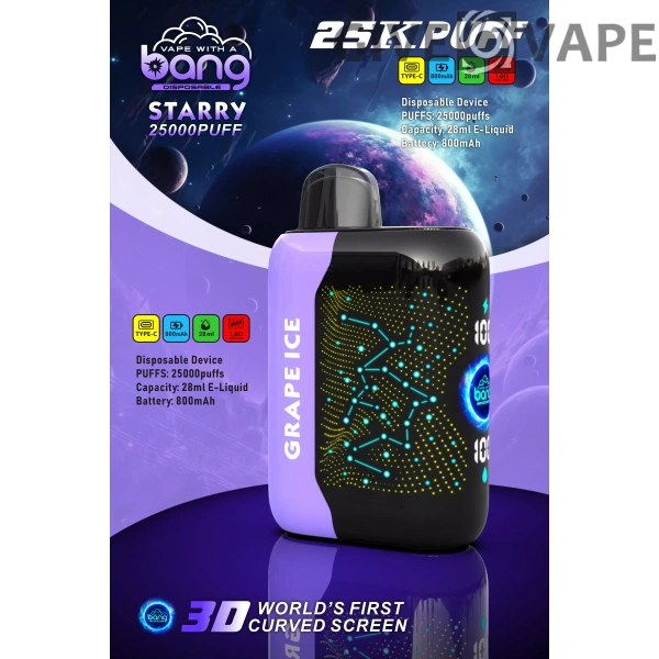 Bang Starry 25000 Puffs 3D buet skærm 0% 2% 3% 5% Genopladelige engangsvapes med lav nikotinindhold Pen Bulk Køb Engros - GiveVape - 14