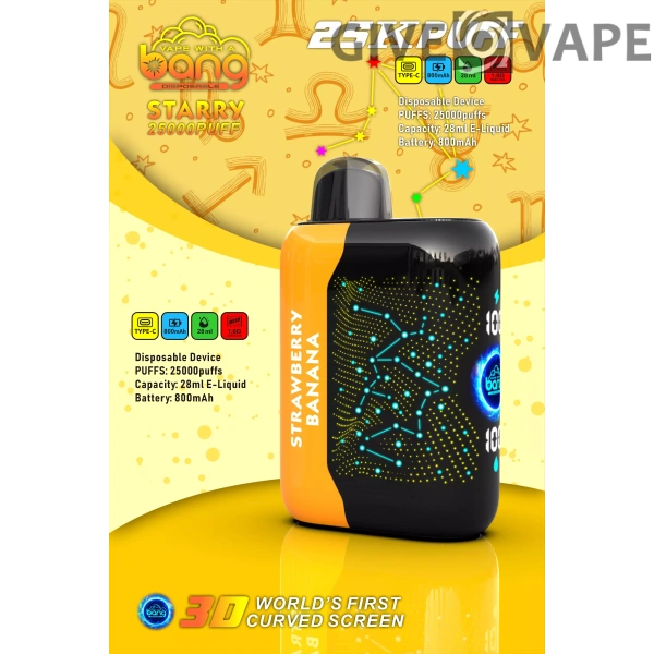 Bang Starry 25000 Puffs 3D buet skærm 0% 2% 3% 5% Genopladelige engangsvapes med lav nikotinindhold Pen Bulk Køb Engros - GiveVape - 15