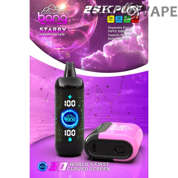 Bang Starry 25000 Puffs 3D buet skærm 0% 2% 3% 5% Genopladelig engangsvapes med lav nikotinindhold Pen Bulk Køb Engros - GiveVape - 7