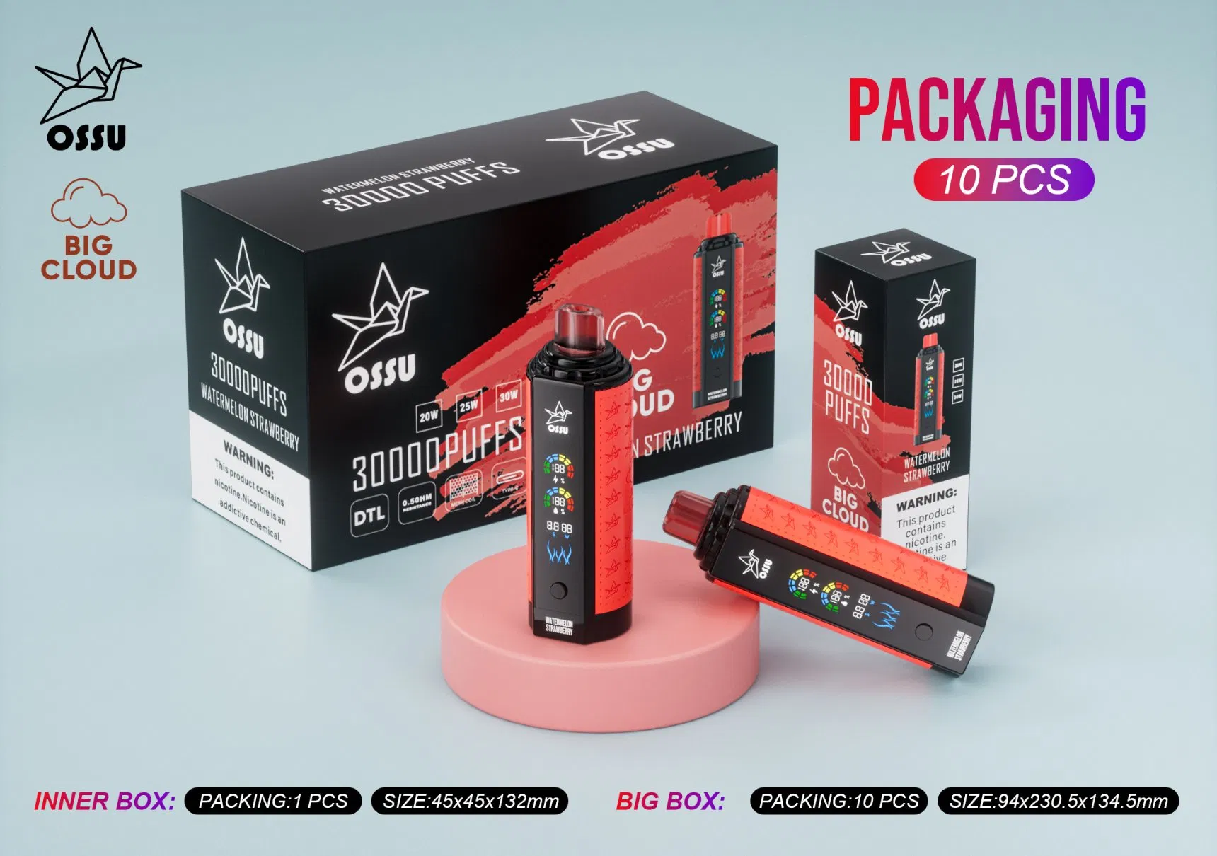 VASY OSSU 30000 Puffs Shisha Hookah Dual Mesh teljes képernyős 0% 5% Alacsony nikotintartalmú Újratölthető Eldobható Vapes Pen Tömeges Vásárlás Nagyker