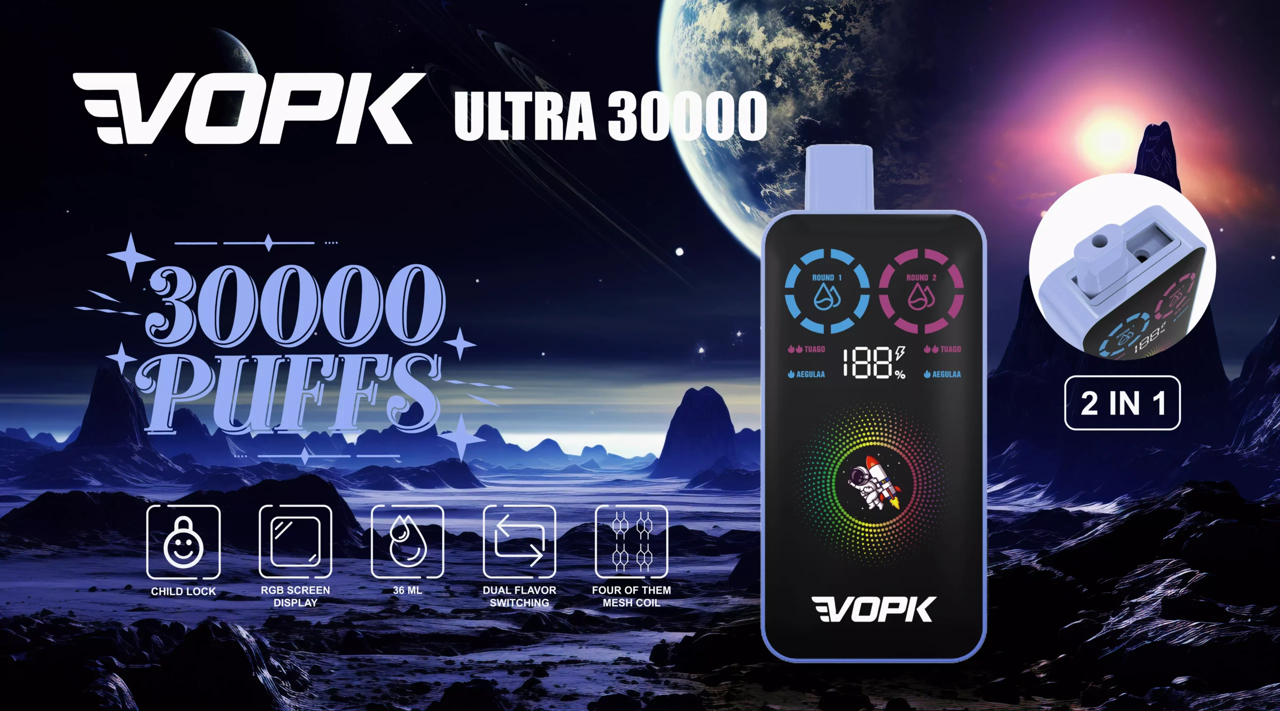 VOPK ULTRA 30000 Puffs Dupla ízű, kéthálós digitális képernyő 2% Alacsony nikotintartalmú Újratölthető Eldobható Vapes Pen Tömeges Vásárlás Nagyker